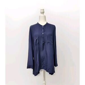 EILEEN FISHER Blouse M Silk Crepe de Chine Tunic Top Long Sleeve Navy